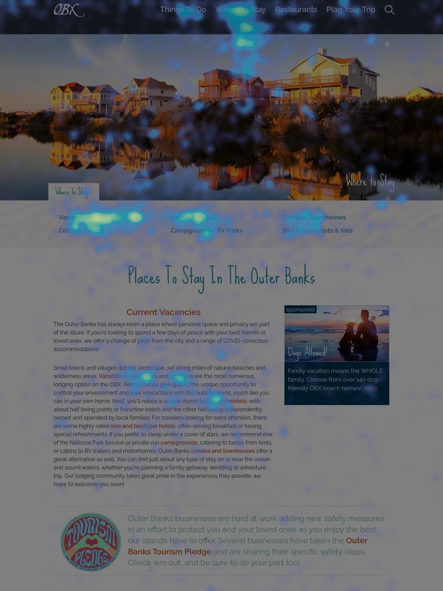 A heatmap over a destination web page about places to stay, showing where visitors clicked and scrolled most.