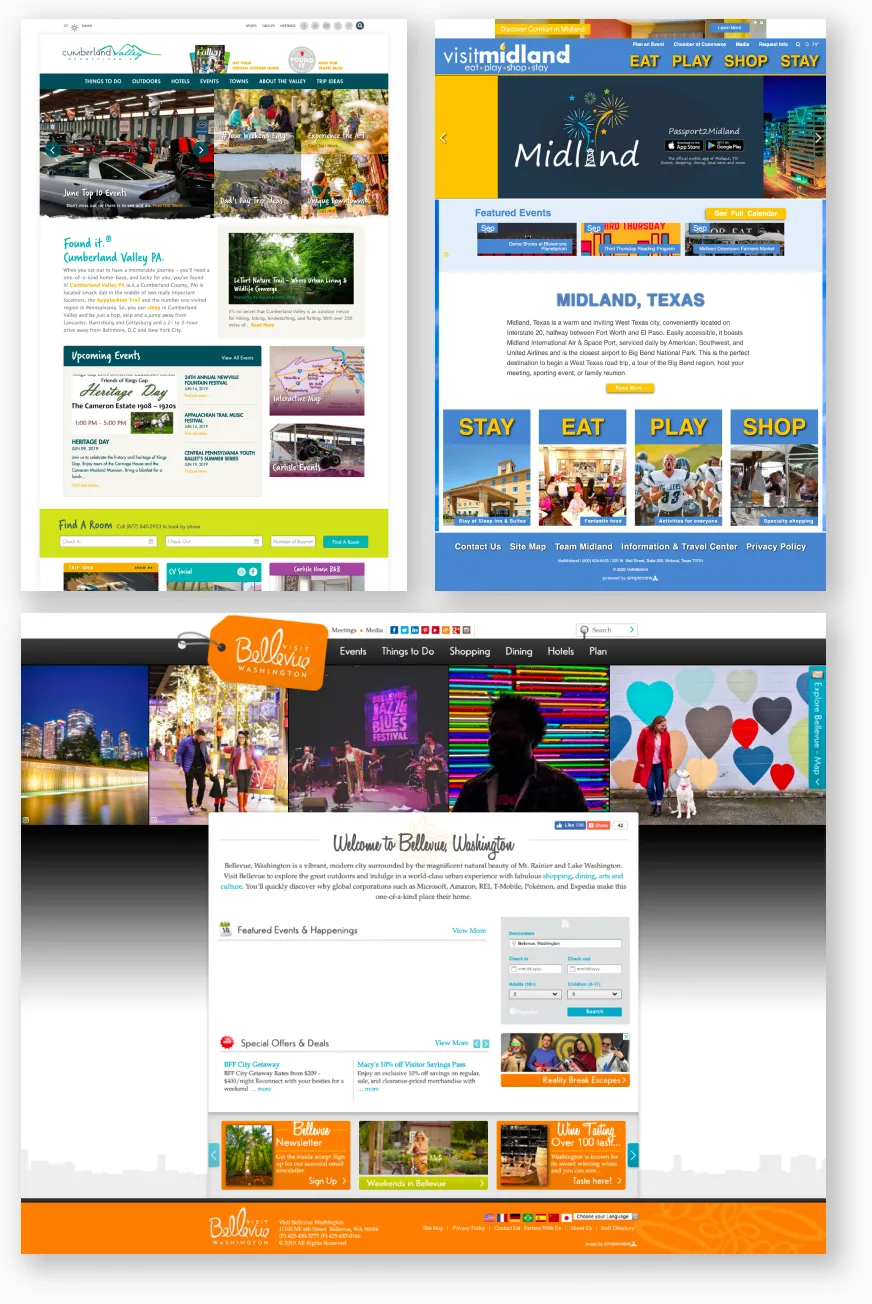 Three of the old destination websites before the redesign: a busy, photo-heavy Cumberland page, the Visit Midland page with bright Stay, Eat, Play, and Shop buttons, and the old orange Visit Bellevue page.