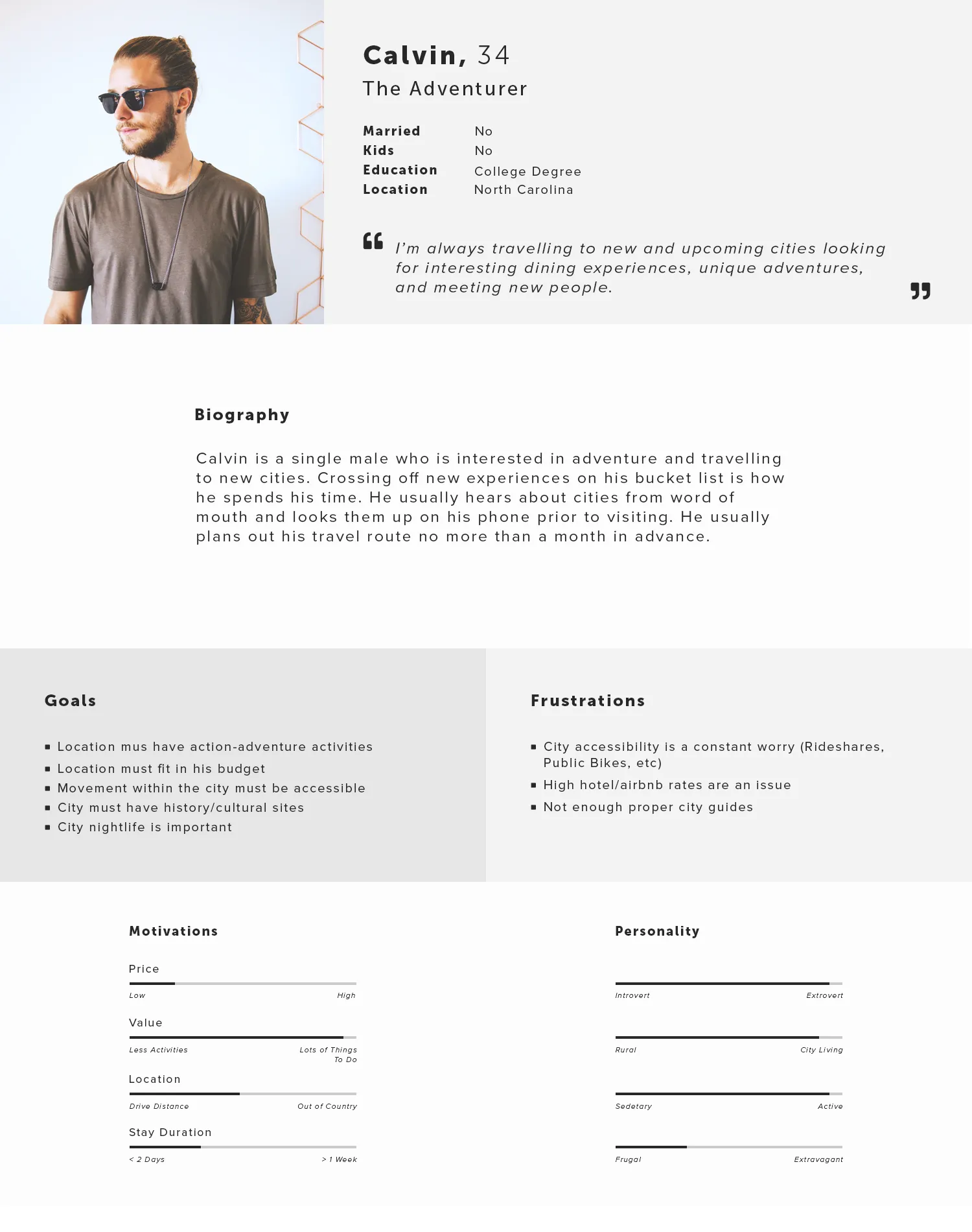 A traveler persona card for “Calvin, 34, The Adventurer,” with a photo, a short biography, goals, frustrations, motivations, and personality scales.