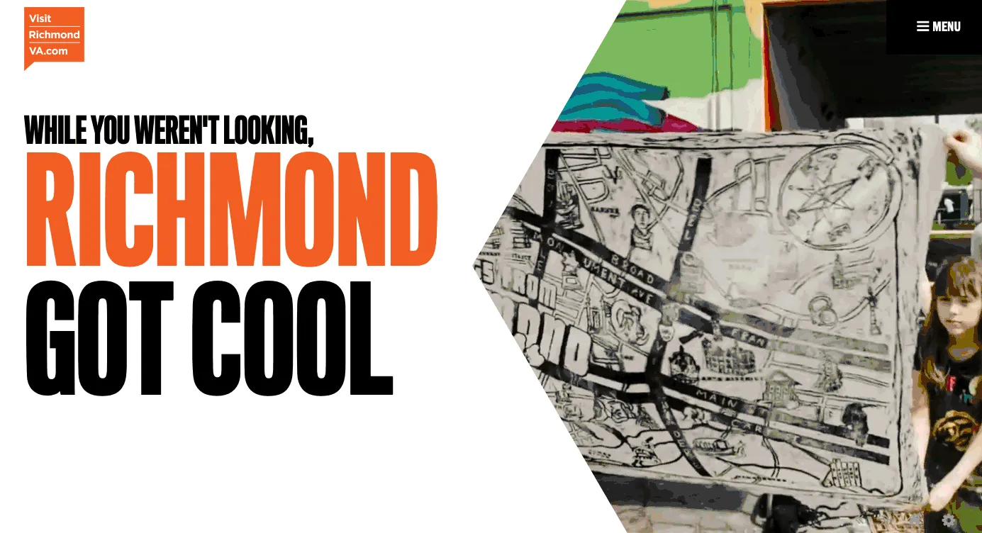 The Visit Richmond homepage: the bold headline “While you weren’t looking, Richmond got cool” beside a photo of street art.