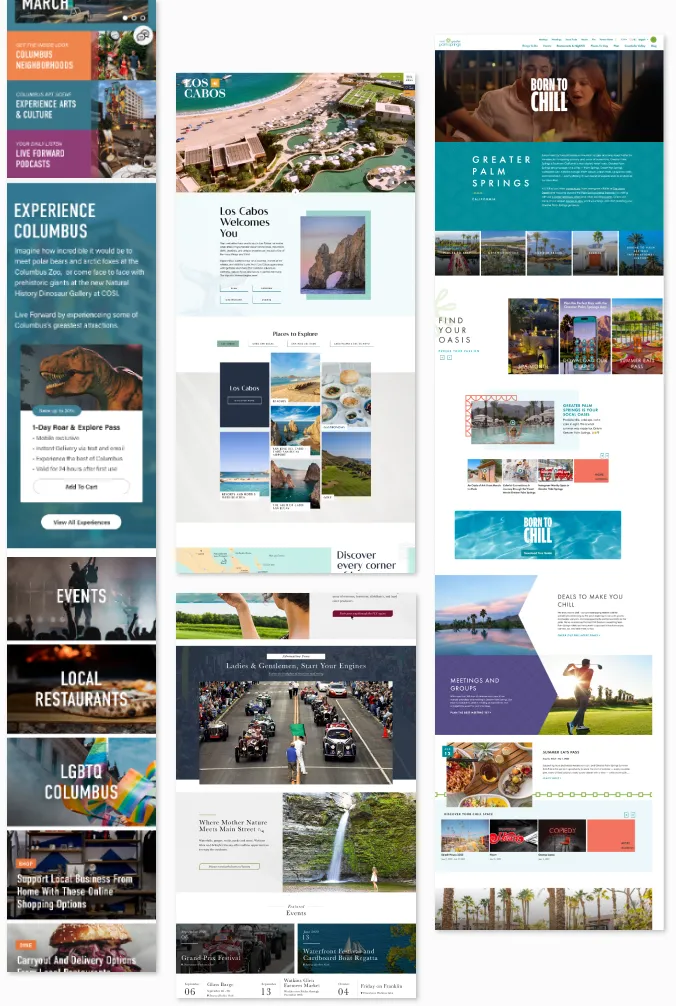 Full-length pages from three redesigned destination sites side by side: Experience Columbus, Los Cabos, and Greater Palm Springs, each with large photos and clear sections.