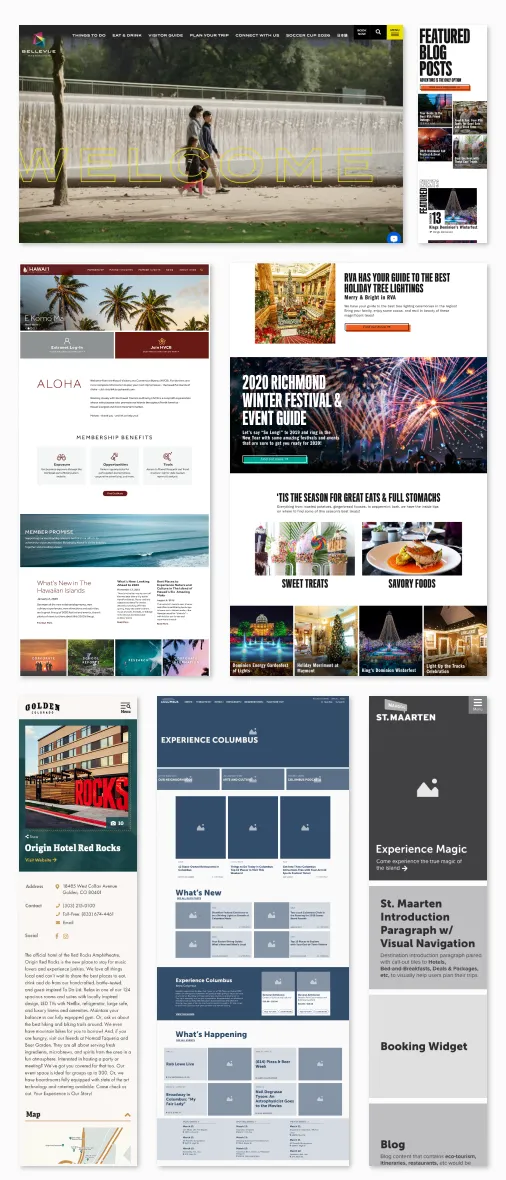 The top of a collage of three more redesigned destination sites: Hawaii and Visit Richmond with its featured blog posts, shown at desktop and phone sizes.