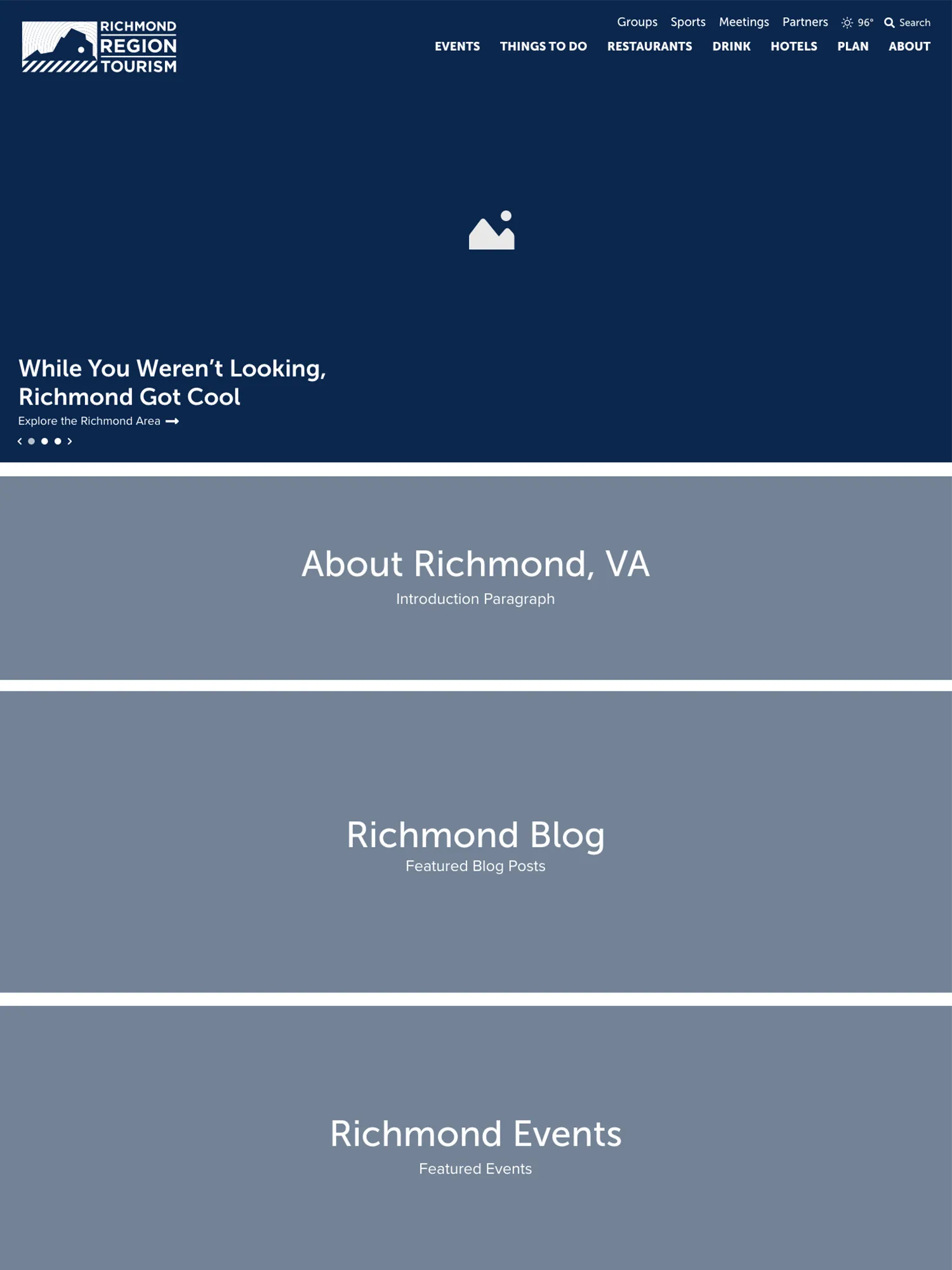 Low-fidelity wireframes for the Visit Richmond homepage: a dark hero with the headline “While you weren’t looking, Richmond got cool,” followed by gray blocks for About Richmond, the Richmond blog, and Richmond events.