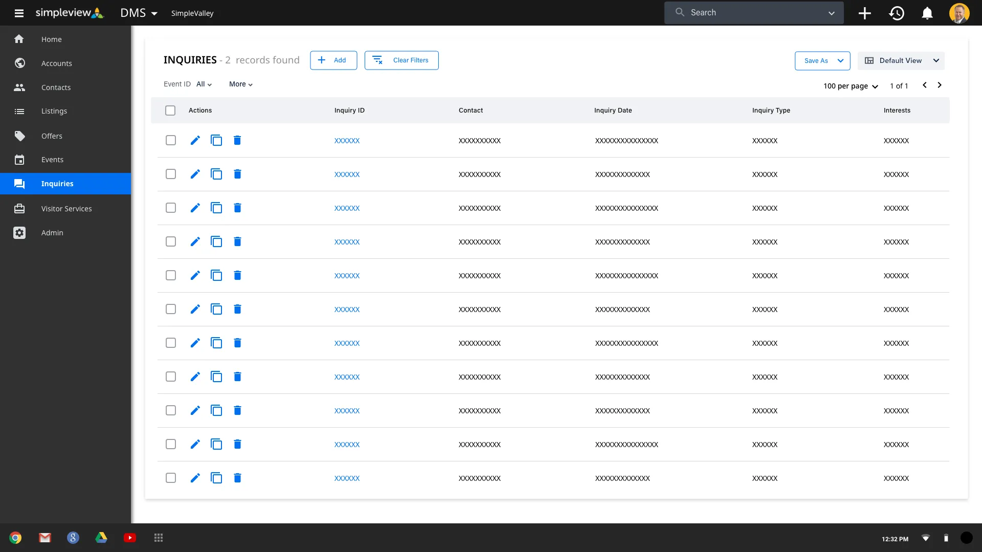 The redesigned DMS in a dark navigation shell: an Inquiries list with a search bar, filters, and rows of inquiries, each with quick actions to view, edit, and copy.