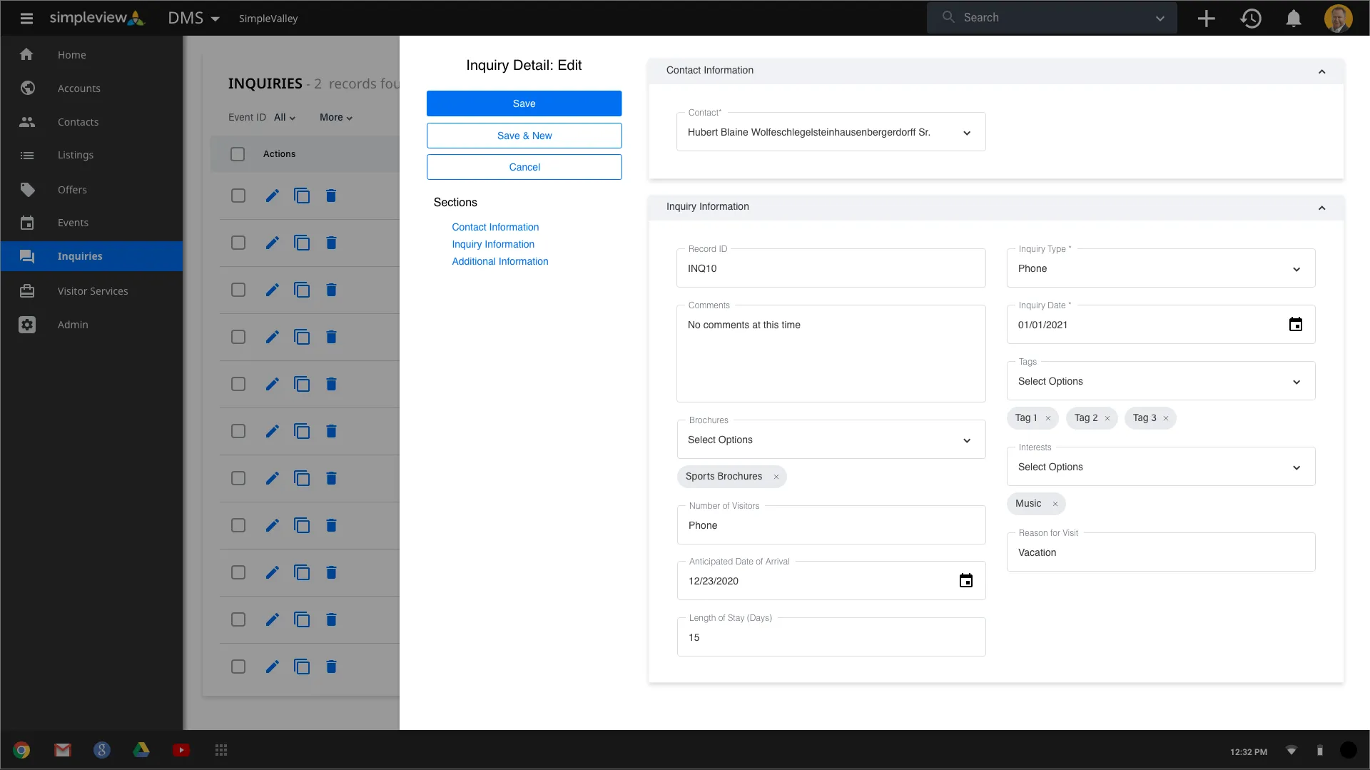 The Inquiry Detail edit panel slides over the list: contact information and inquiry information fields grouped into sections, with Save and Cancel buttons at the top.