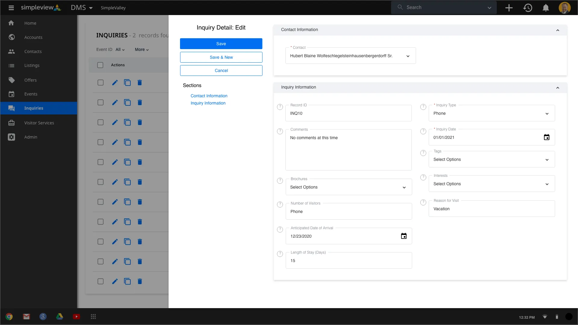 The same inquiry edit panel with a “?” help icon beside each field, showing where tool tips explain what to enter.